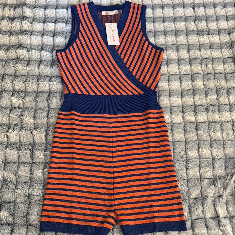 NWT • de Lovest Ondecember Striped Orange and Blue Romper